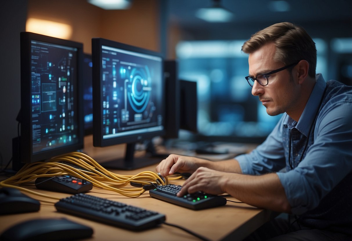 An illustration of a person testing and troubleshooting Ethernet cable connections for practical application