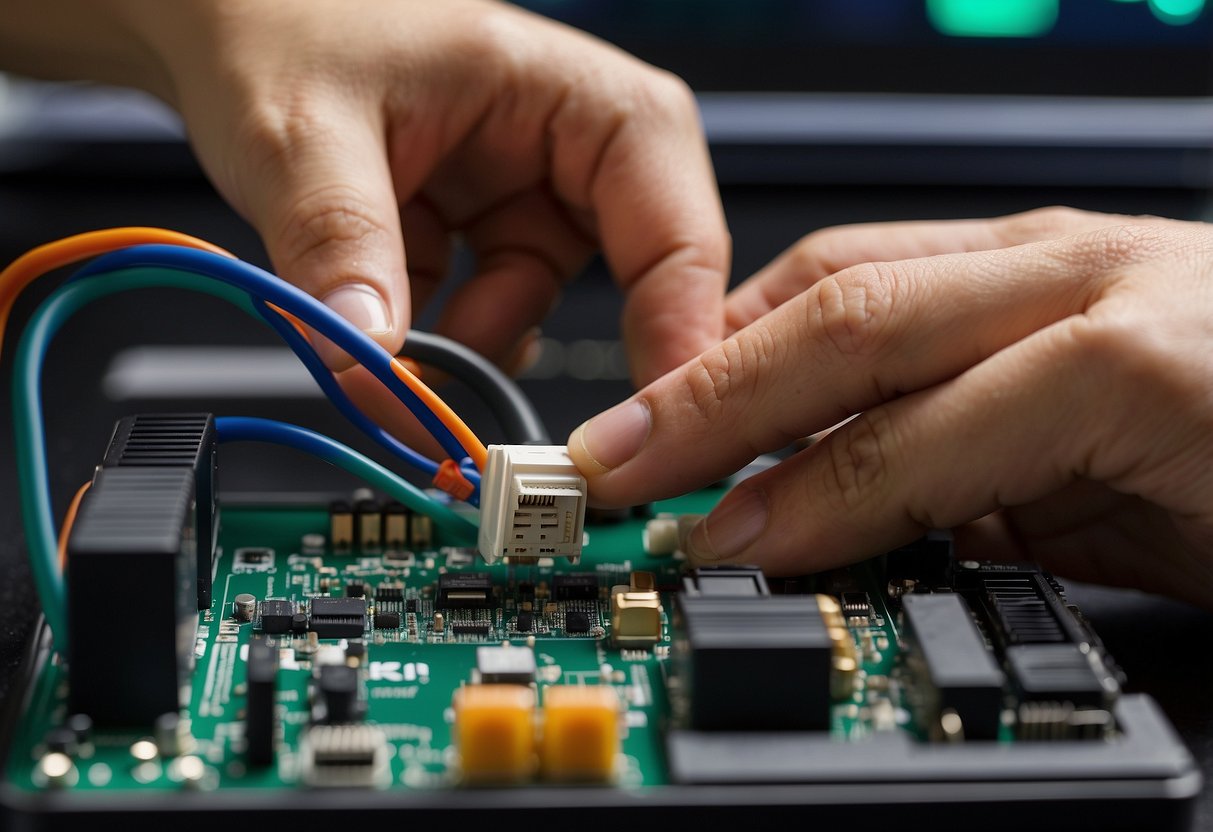 A hand plugging an ethernet cable into a port on a computer